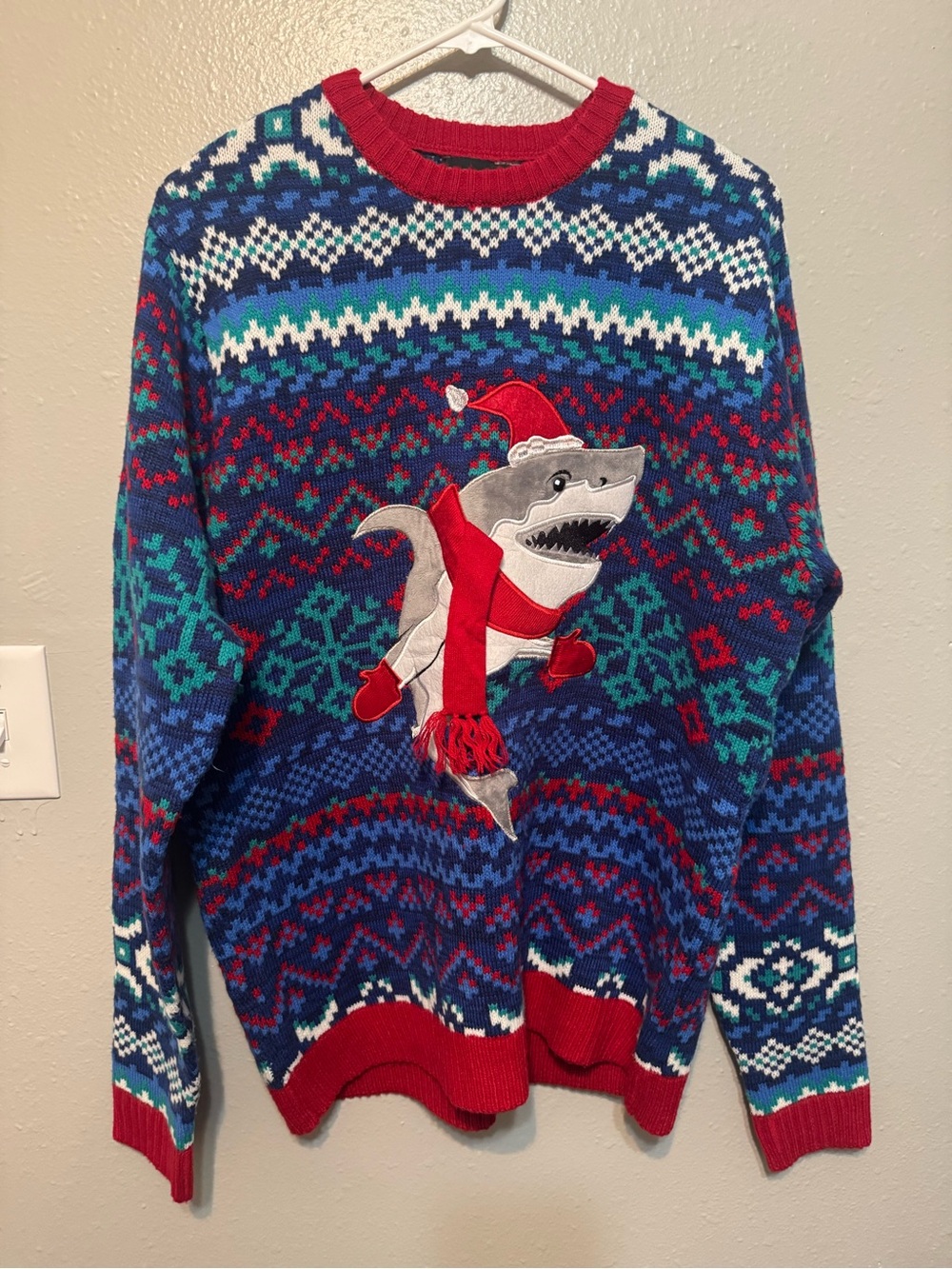 Men's Holiday Shark Knit Sweater - Red & Blue